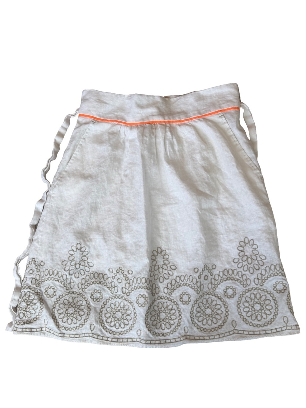 T Tahari Women White Linen Embroidered A-Line Pocket Skirt Boho Cottage 2P Tie